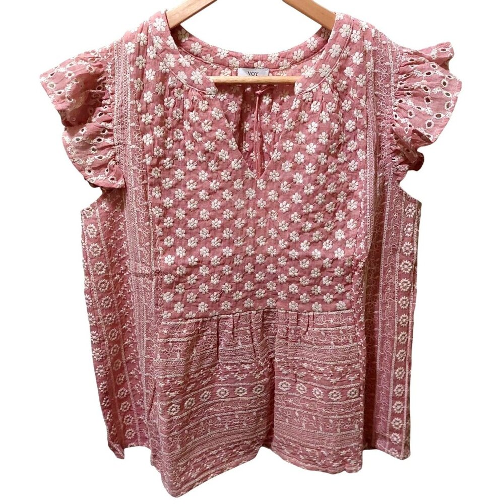 NWT VOY Pink/Mauve Floral Embroidered Ruffle Sleeve Top Boho
